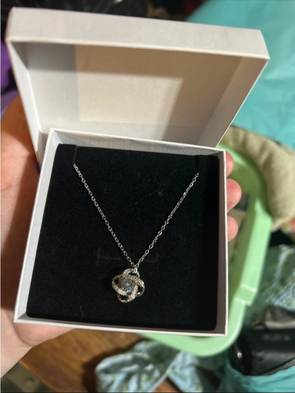 Silver Knot Pendant Necklace with Clear Crystal - Women Jewelry